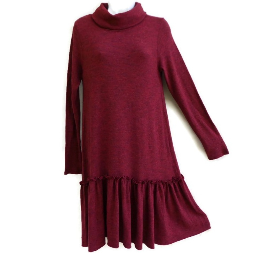 Sunday in Brooklyn Anthro Cozy Dress Soft Knit Cowl Neck Ruffle Hem Burgundy S - Picture 1 of 8